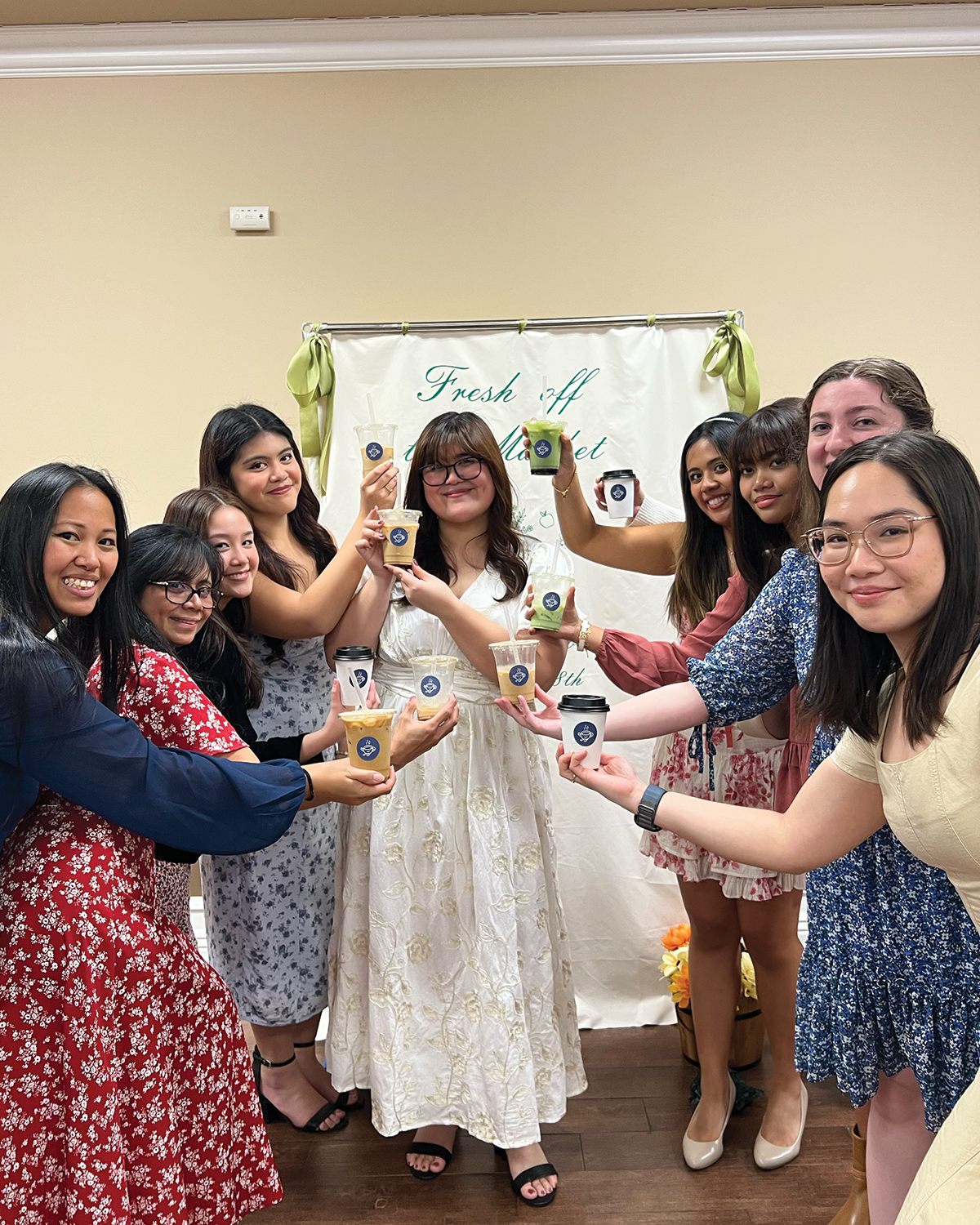 Coffee and matcha served at a bridal shower with the bride to be and her bride squad in New York