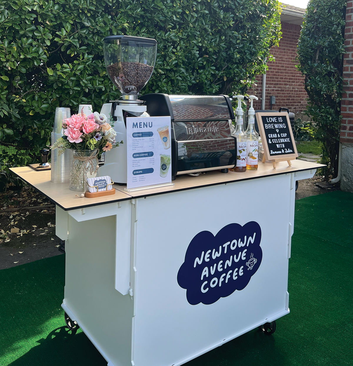 Espresso bar setup for a pre-wedding event on Long Island Love is Brewing Theme