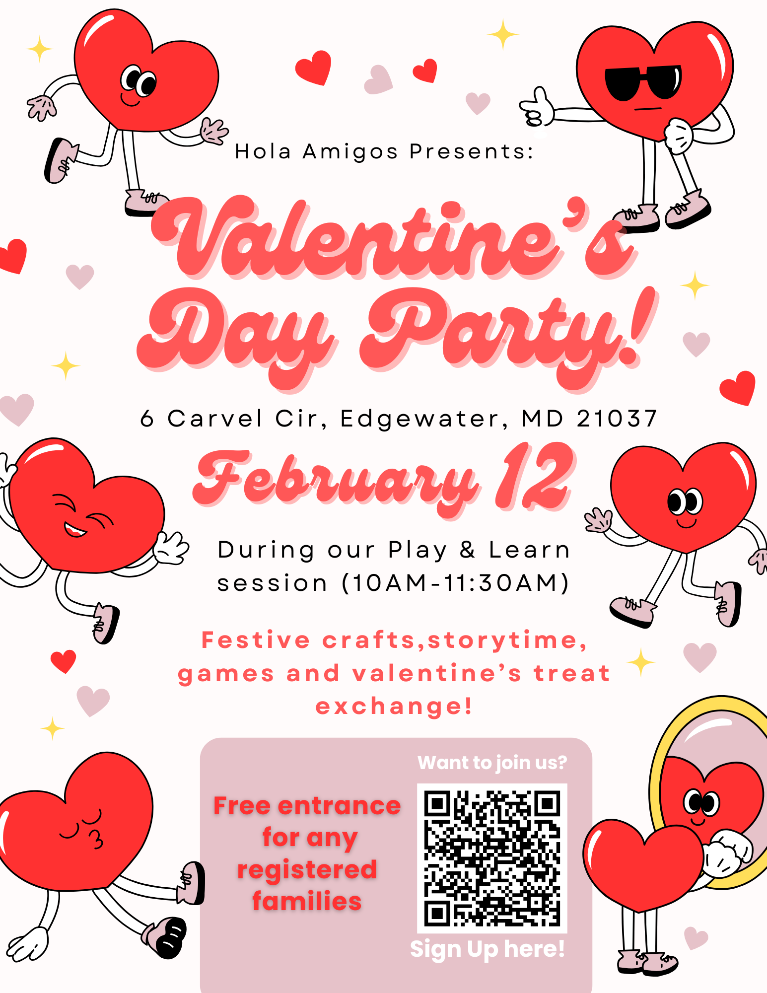 A colorful Valentine's Day party invitation featuring cartoon hearts with arms and legs, some wearing sunglasses, dancing and holding hands with animated expressions. The invitation includes event details, such as date, location, and activities, with a QR code for registration.