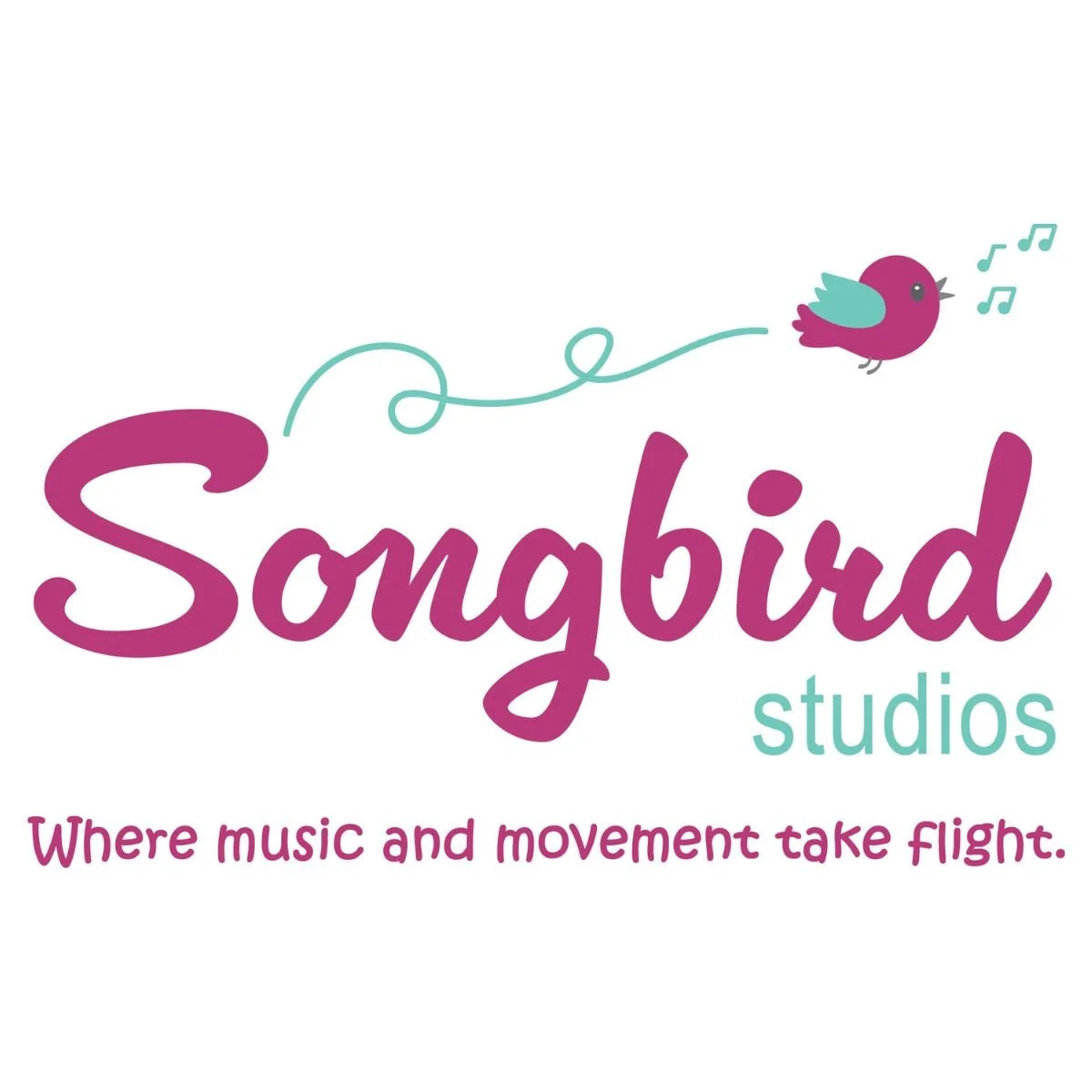 Logo for Songbird Studios featuring a purple bird singing with musical notes, with the tagline 'Where music and movement take flight.'