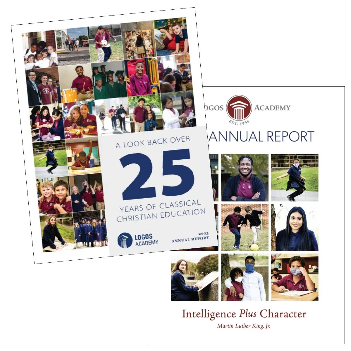 Cover page of an annual report for Logos Academy and a booklet titled "A Look Back Over 25 Years of Classical Christian Education" featuring photos of students and staff.