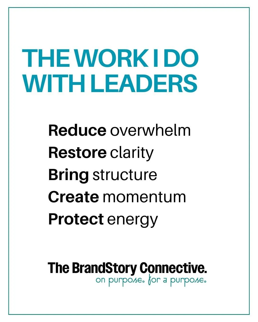 Yes, I work on brand, messaging, and internal systems.

But the deeper work is helping leaders:

Reduce overwhelm
Restore clarity
Bring structure to complexity
Create momentum again
Protect their energy