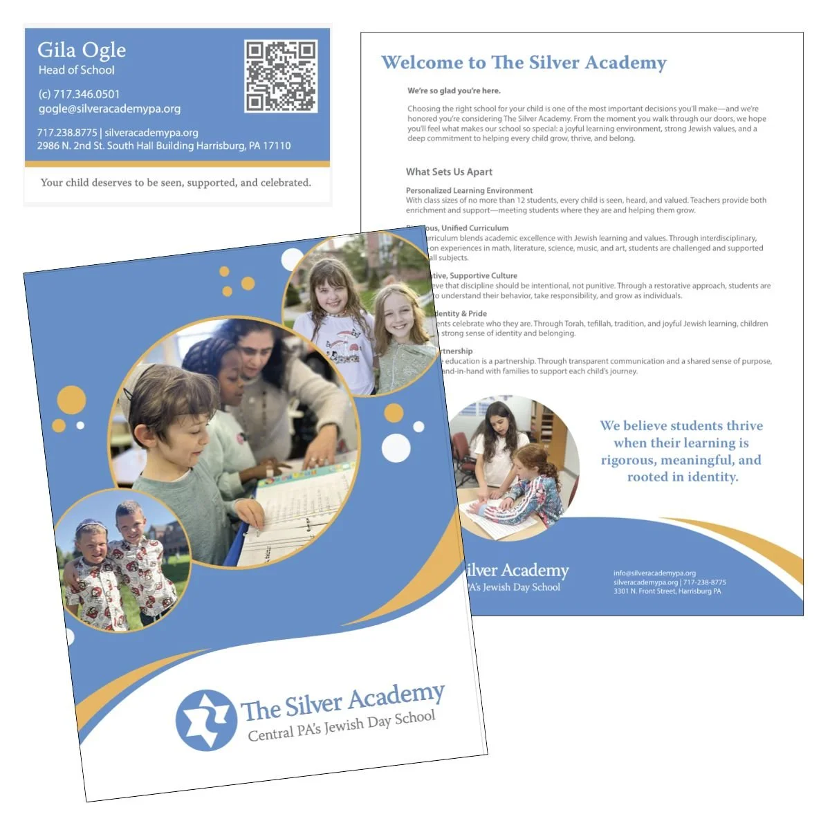 Worked with The Silver Academy to strengthen their admissions experience from first impression to enrollment.

This included:
Admissions materials
Messaging refinement
Follow-up communication
Structure behind the process

The folder, insert, and busi