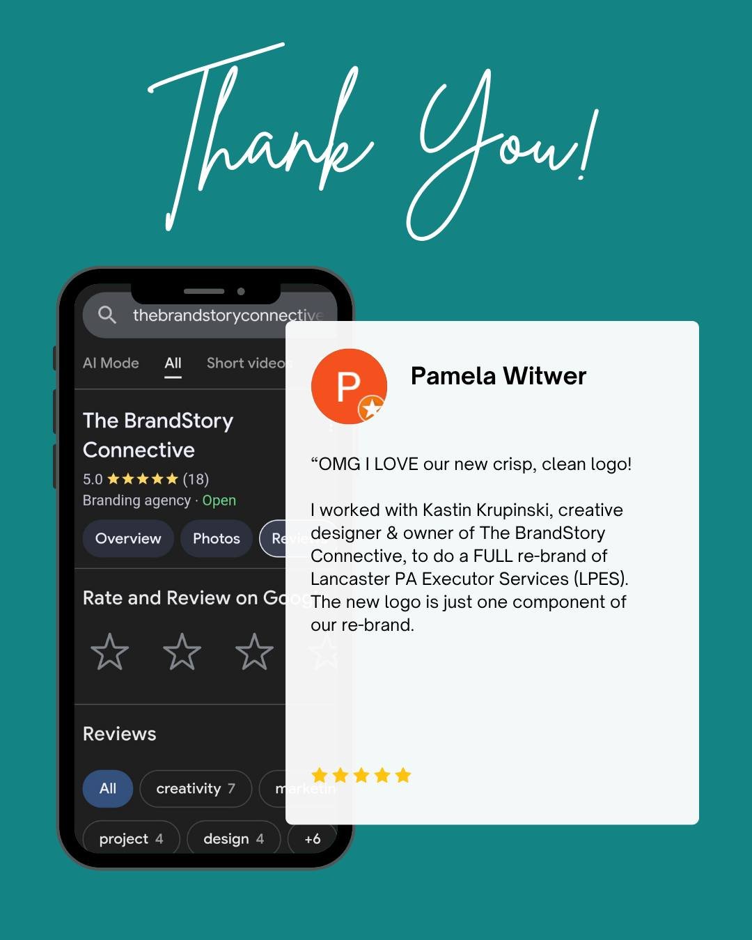 Reviews like this are the best part of the job. Thank you, Pam! Building the full re-brand for Lancaster PA Executor Services with you was such a joy. Watching you implement the new brand is even better. 💙