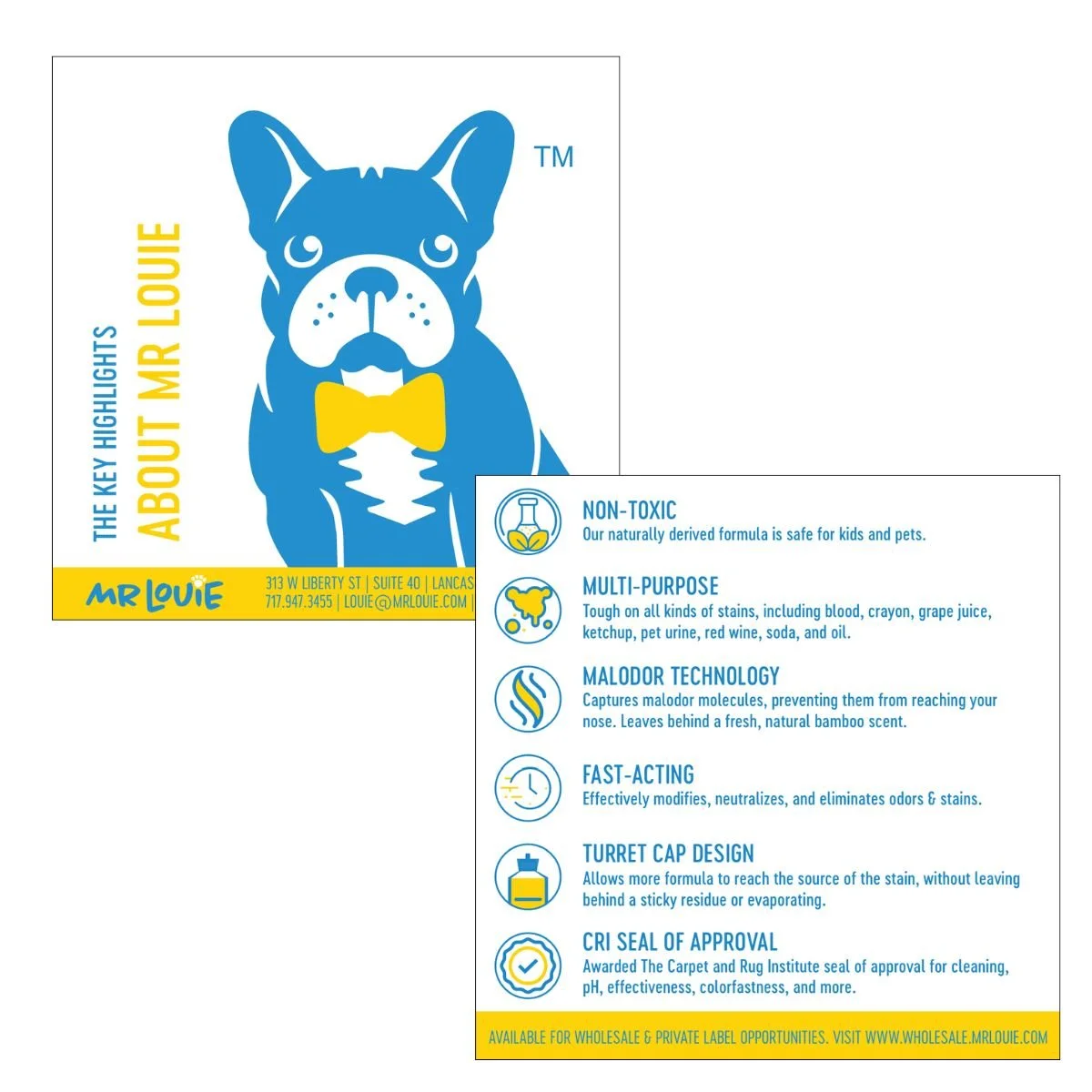 Packaging for Mr. Louie, a cleaning product with a blue bulldog illustration wearing a yellow bow tie. The label highlights key features including non-toxic, multi-purpose, malodor technology, fast-acting, turret cap design, and CRI seal of approval. Contact information and website are also displayed.