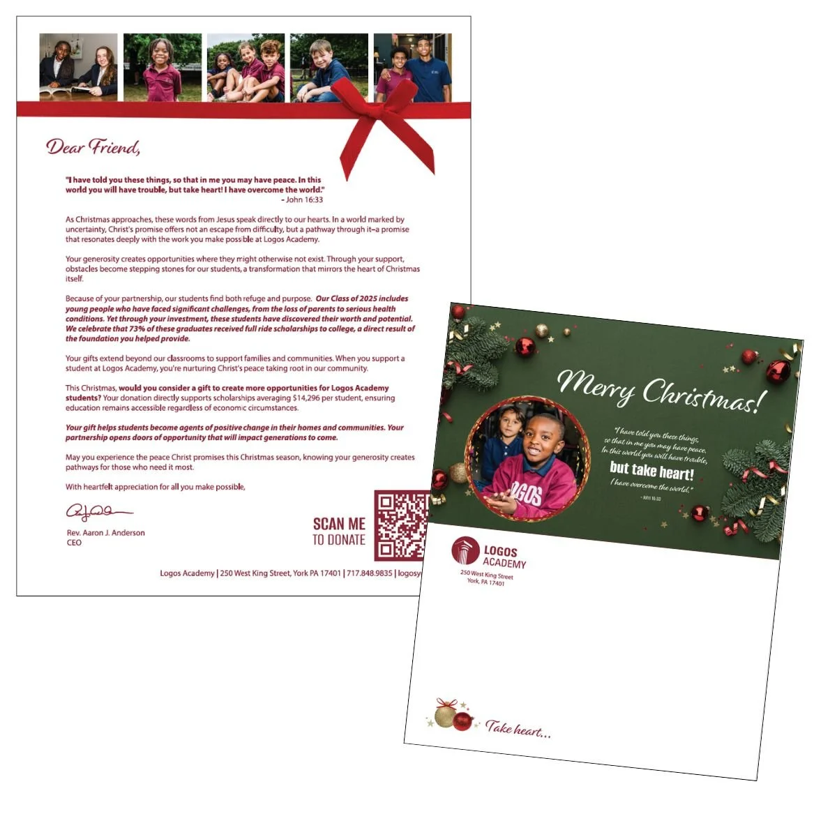A Christmas card and a fundraising letter from Logos Academy, featuring photos of children, festive decorations, and holiday greetings.