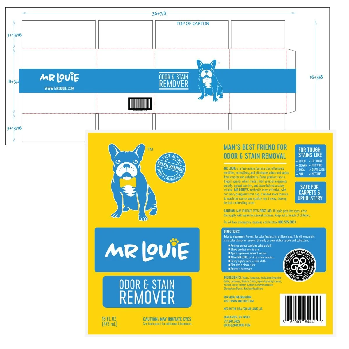 Packaging for Mr. Louie odor and stain remover featuring a blue and yellow design with a cartoon bulldog dog logo.