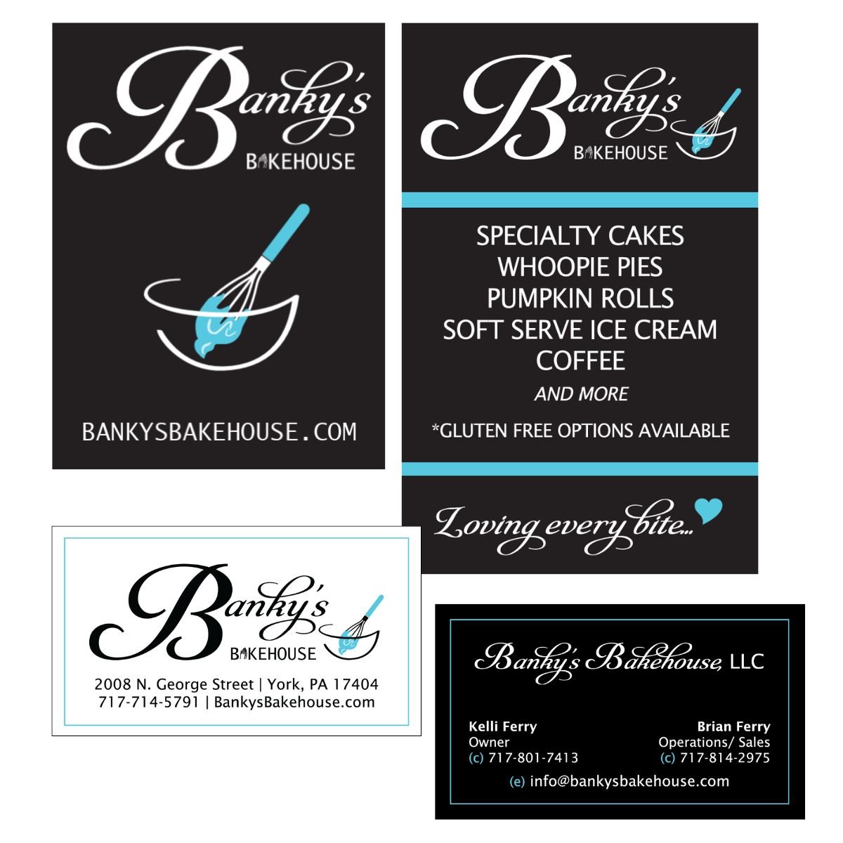 Collection of business cards and flyers for Banky's Bakehouse featuring logo, address, contact info, and menu items like specialty cakes, whoopie pies, pumpkin rolls, soft serve ice cream, and coffee.