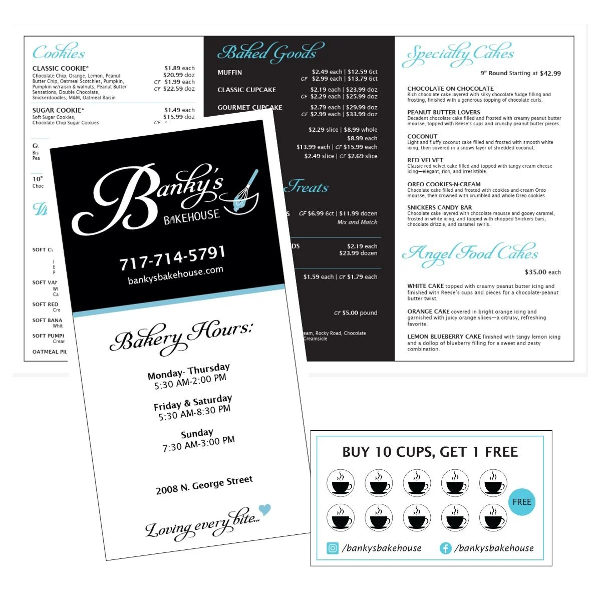 Bakery business flyer and menu from Banky's Bakehouse, including bakery hours, contact information, and menu items like cookies, baked goods, specialty cakes, and treats.