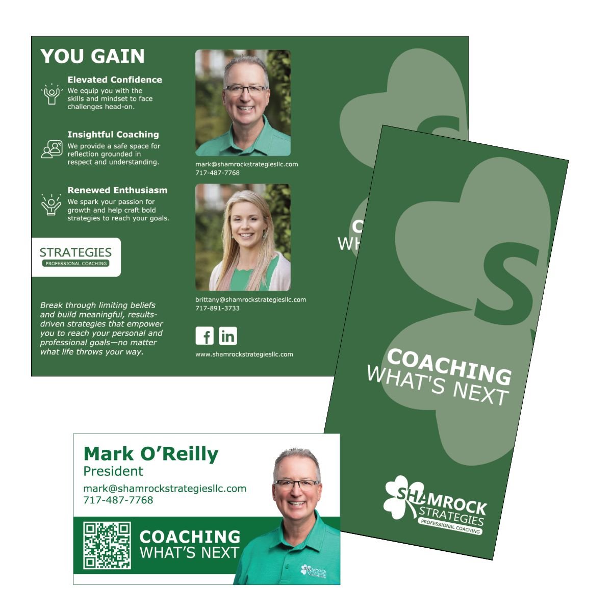 Business card and flyer for Shamrock Strategies coaching service. Business card includes a photo of Mark O'Reilly, president, with contact info, QR code, and logo. The flyer highlights coaching benefits: confidence, insightful coaching, enthusiasm, with photos of a man and woman, and social media links.