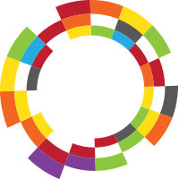 Colorful, abstract circular design with overlapping segments in red, yellow, green, blue, purple, orange, and gray surrounding a white central area.