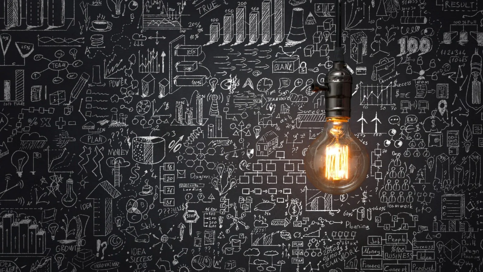 A wall filled with numerous white chalk sketches of graphs, charts, brain diagrams, light bulbs, and various symbols related to business, science, and ideas, with a glowing filament light bulb hanging in the foreground.