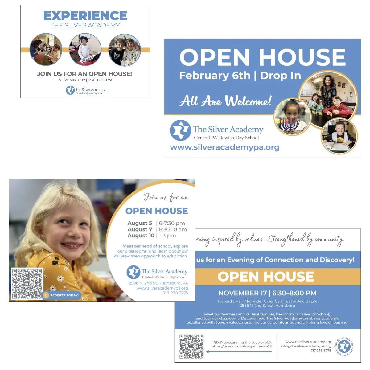 Flyers for The Silver Academy's open house events. The first flyer features a blue and white design with photos of children and information about an open house on February 6th. The second flyer includes a picture of a smiling girl, details of open house dates in August, and an event on November 17th, with contact information and a QR code for registration.