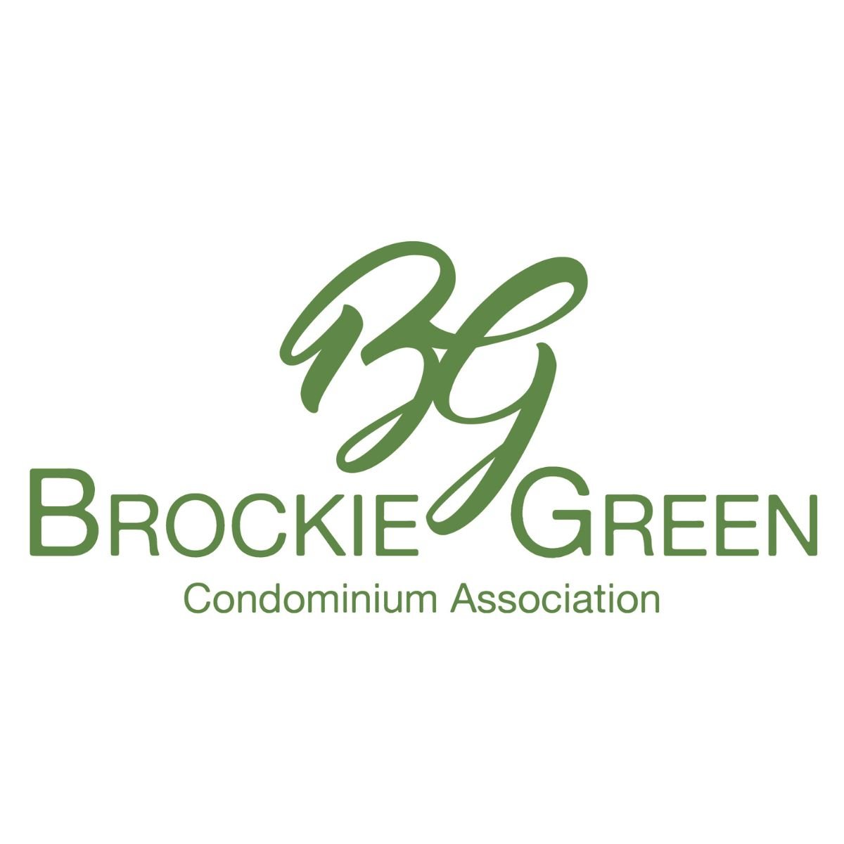 Logo for Broockie Green Condominium Association with green stylized initials 'BG' and the full name underneath.