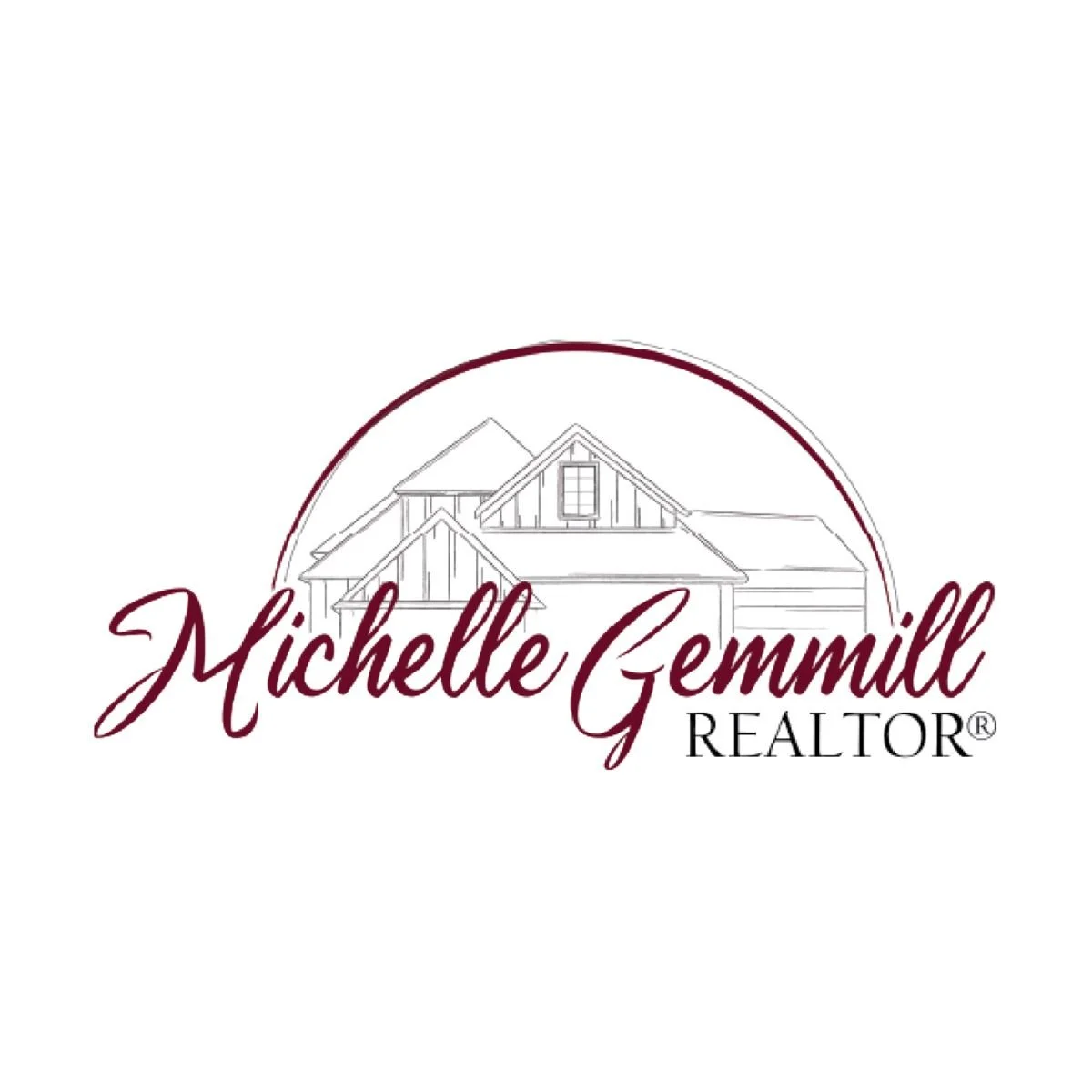 Logo for Michelle Gemmill Realtor featuring a house outline with a curved line and elegant script text.