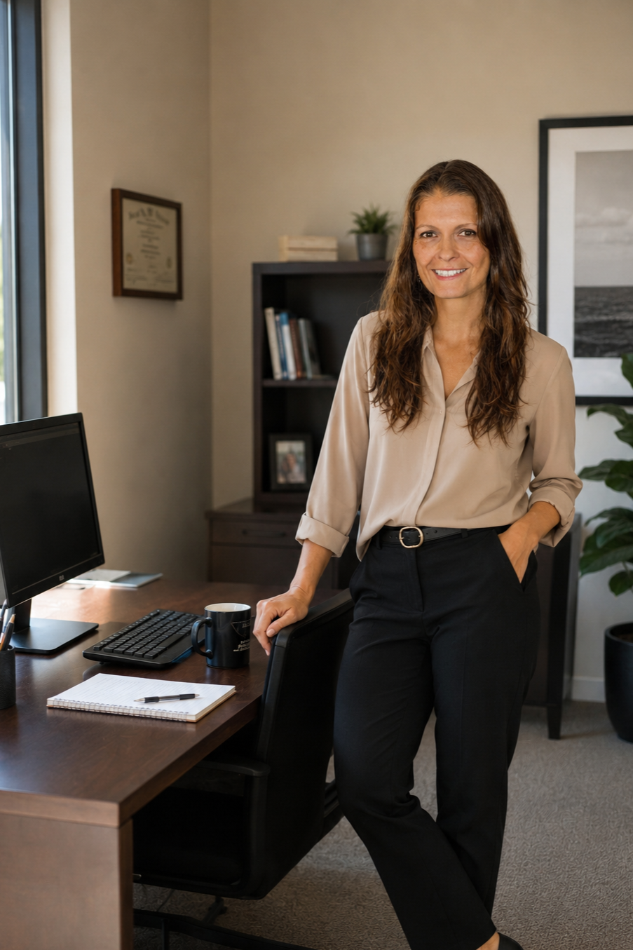 A woman with long brown hair dressed in a beige blouse and black pants standing in an office, smiling with one hand in her pocket.