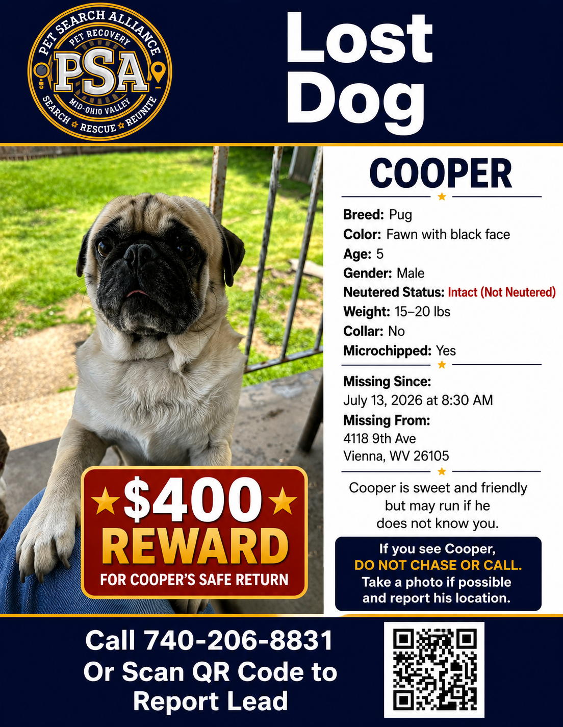 Cooper, Missing Pug Vienna, WV