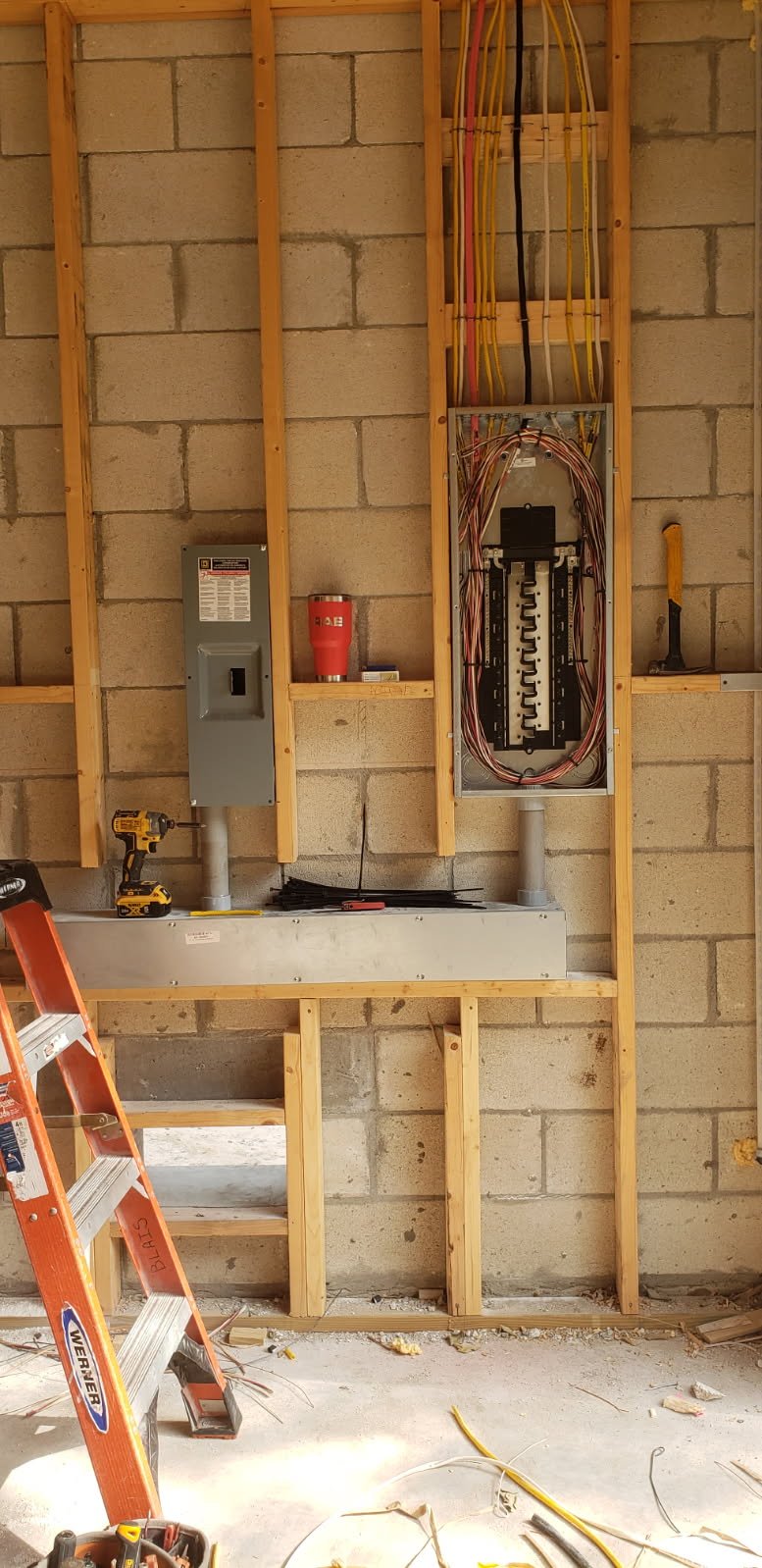 New construction site with electrical panel and wiring on an unfinished wall.