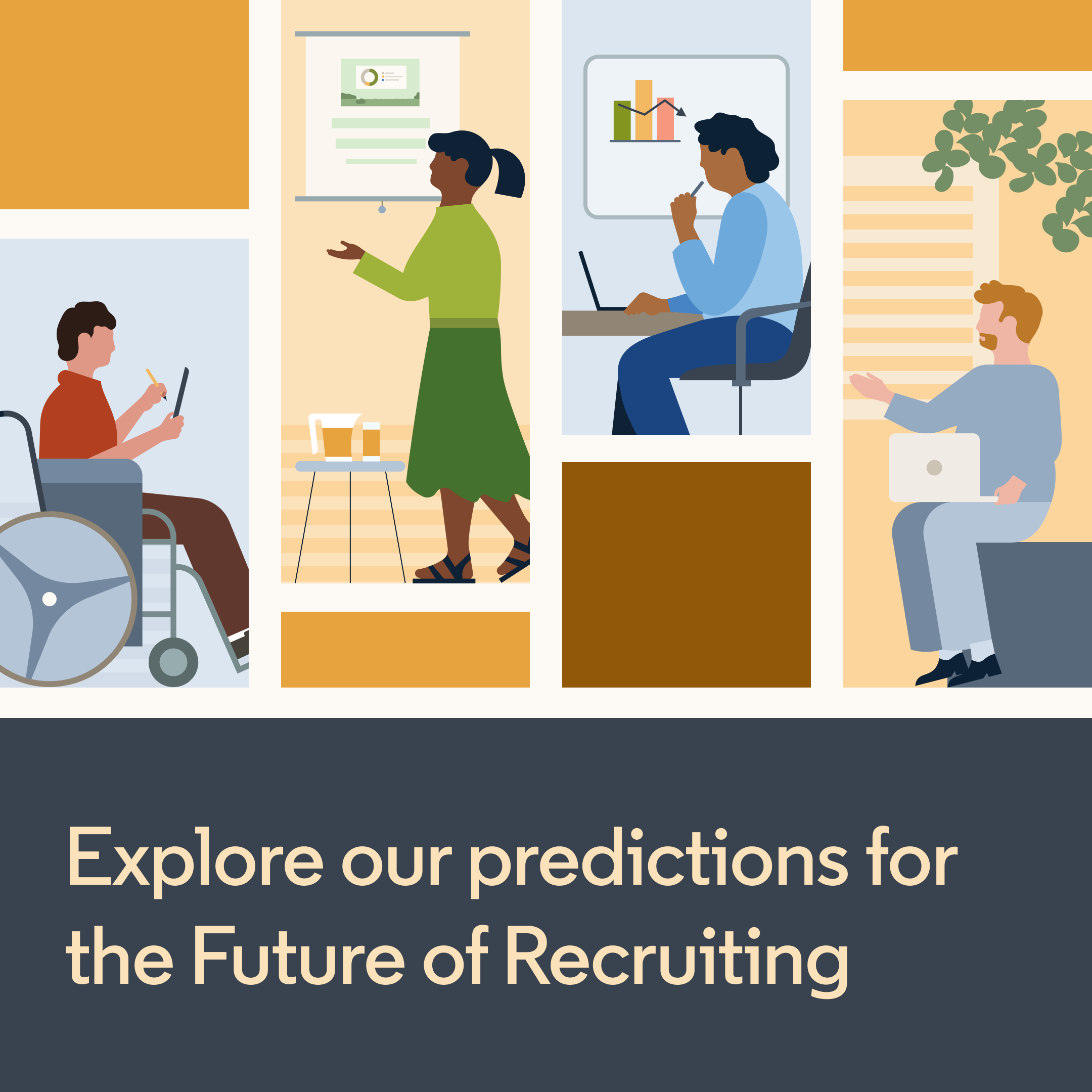 Illustration of four diverse people in a professional setting, some with laptops, discussing data and predictions, with a caption about exploring future recruiting trends.