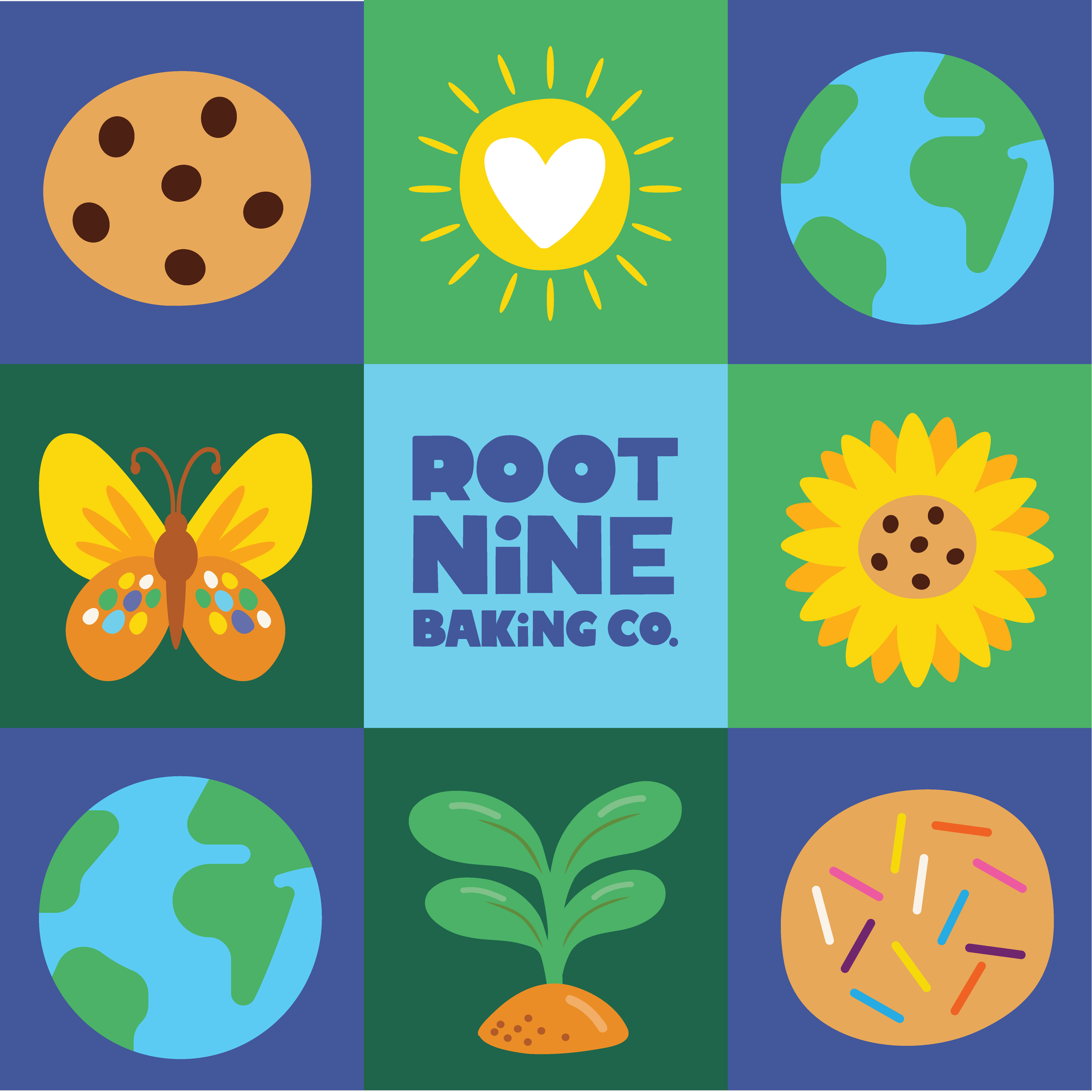 A colorful grid with nine sections featuring illustrations of cookies, a sun with a heart, the Earth, a butterfly, the logo for Root Nine Baking Co., a sunflower, a second Earth, a sprouting plant, and a cookie with sprinkles.