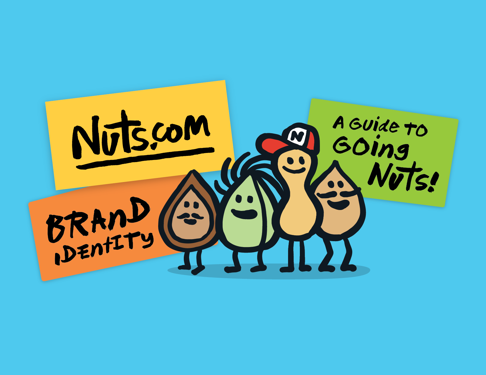 Cartoon illustration of various nuts with smiling faces, some wearing a hat, with colorful notes about nuts, brand identity, and a guide to going nuts, on a blue background.