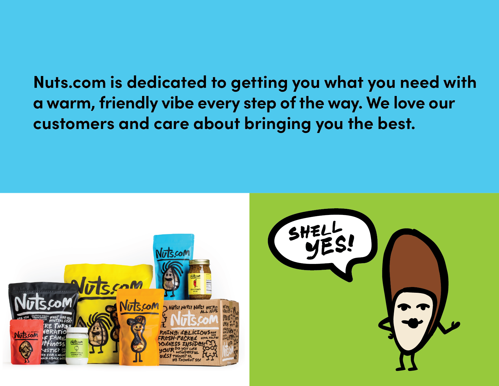 Colorful snack packages with cartoon illustrations, along with a cartoon character with a speech bubble saying 'Shell Yes!'.