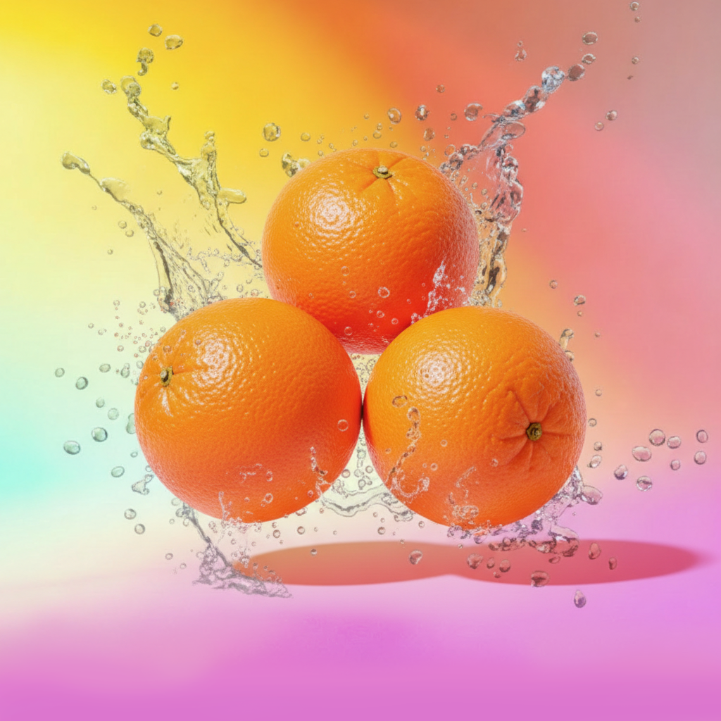 Three oranges submerged in water with splashes and bubbles, against a colorful pastel background.