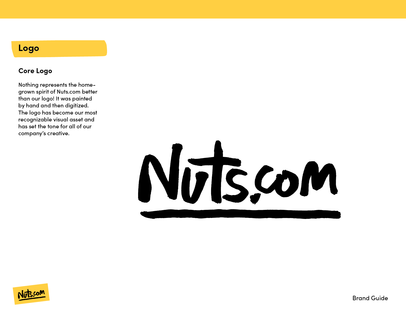 Company branding page featuring the logo in black handwritten style on a white background, with a yellow label at the top left corner reading 'Logo' and a small yellow tag at the bottom left corner, along with descriptive text about the logo on the left side.