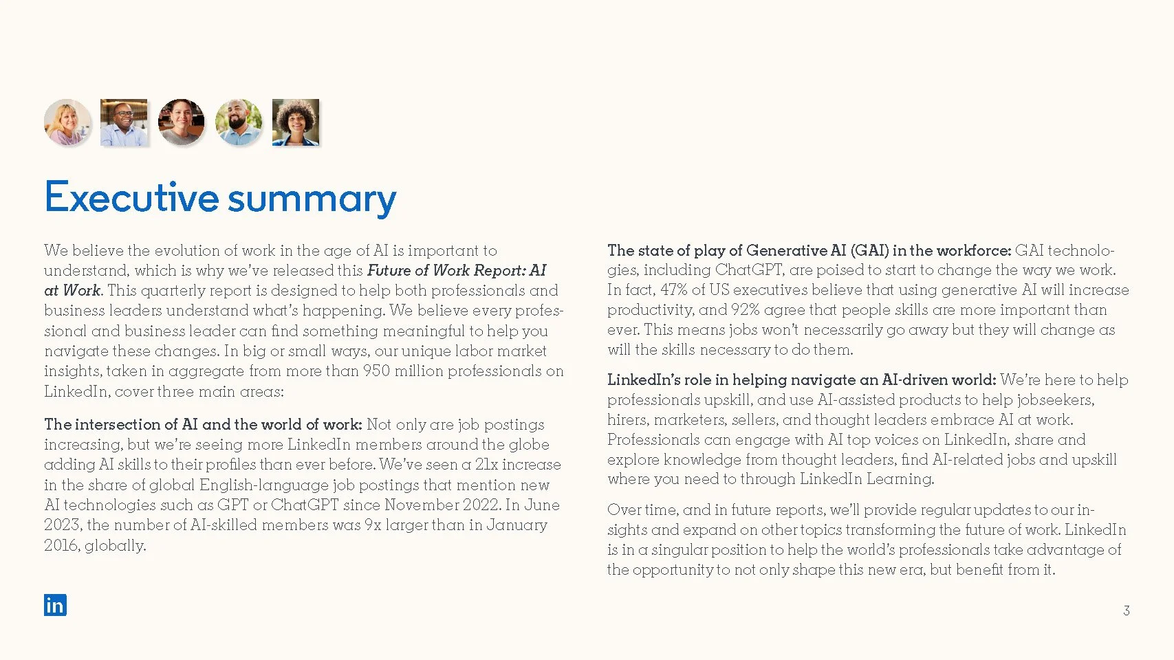 Page from a report titled 'Executive summary' with a LinkedIn logo at the bottom left. The page contains paragraphs of text about AI in the workforce, highlighting LinkedIn's role in helping professionals adapt to AI-driven changes.
