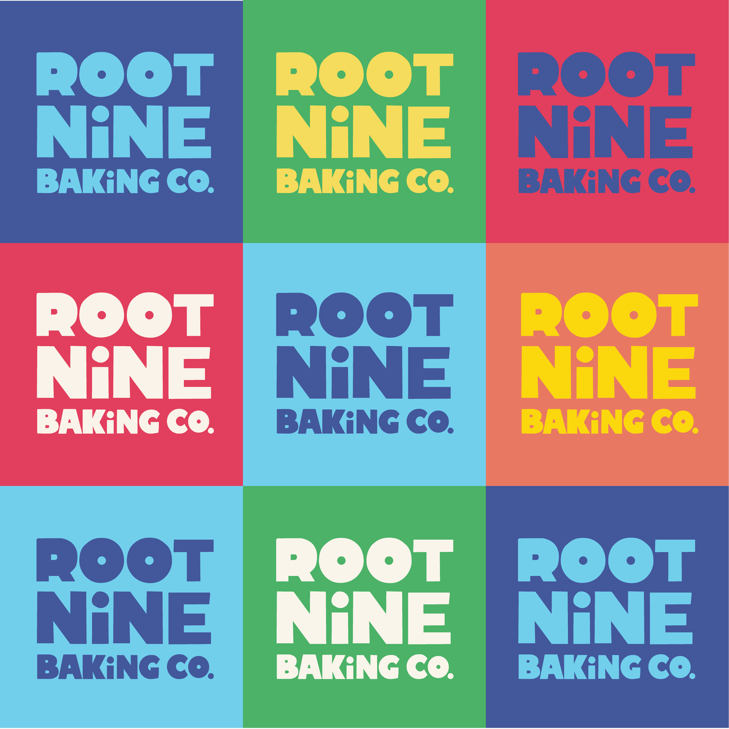 A colorful tiled pattern with nine squares, each displaying the text 'Root Nine Baking Co.' in bold, playful font with varying background and text colors.