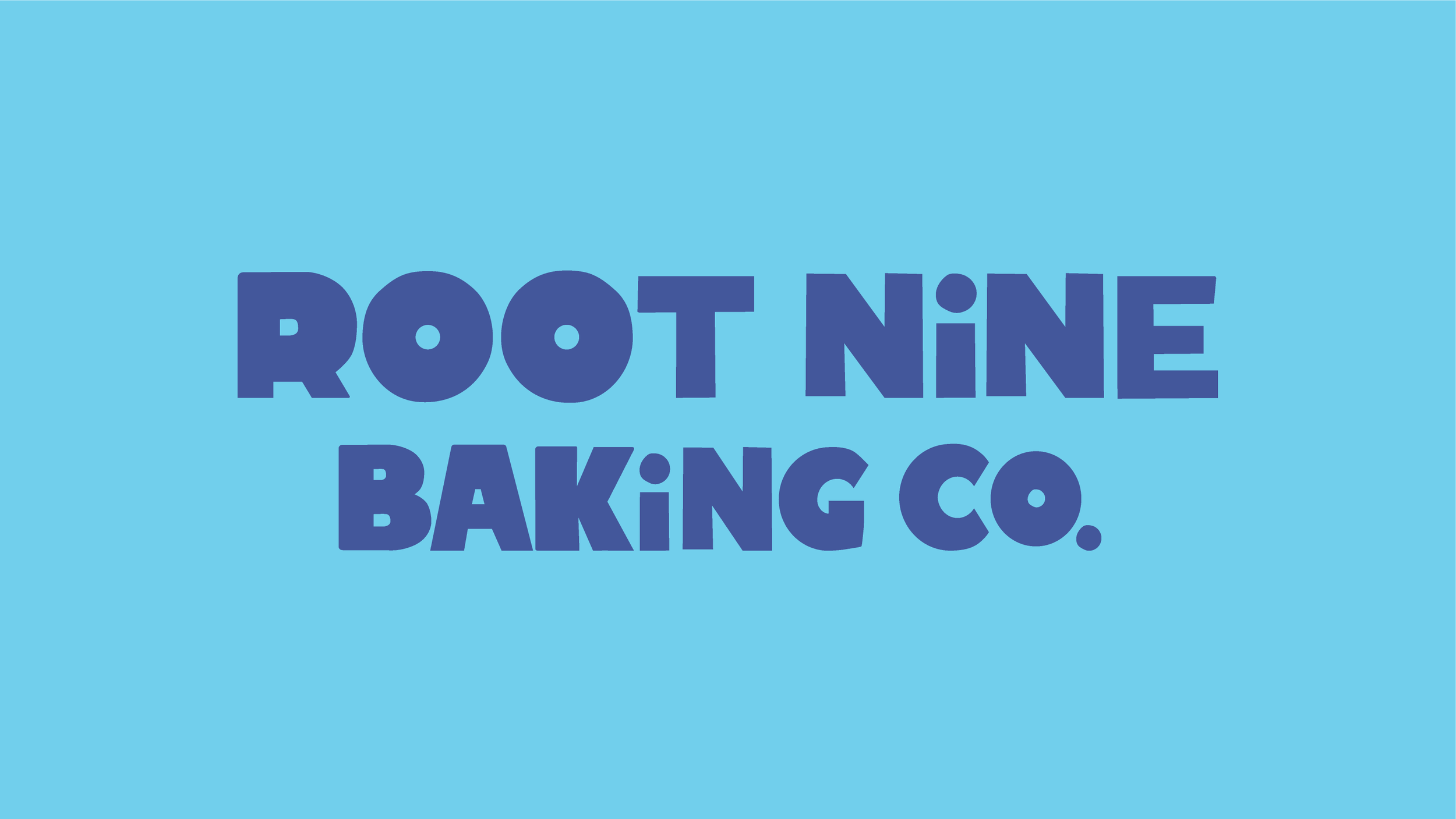 Blue background with the logo for Root Nine Baking Co., with the company name in bold navy blue letters.
