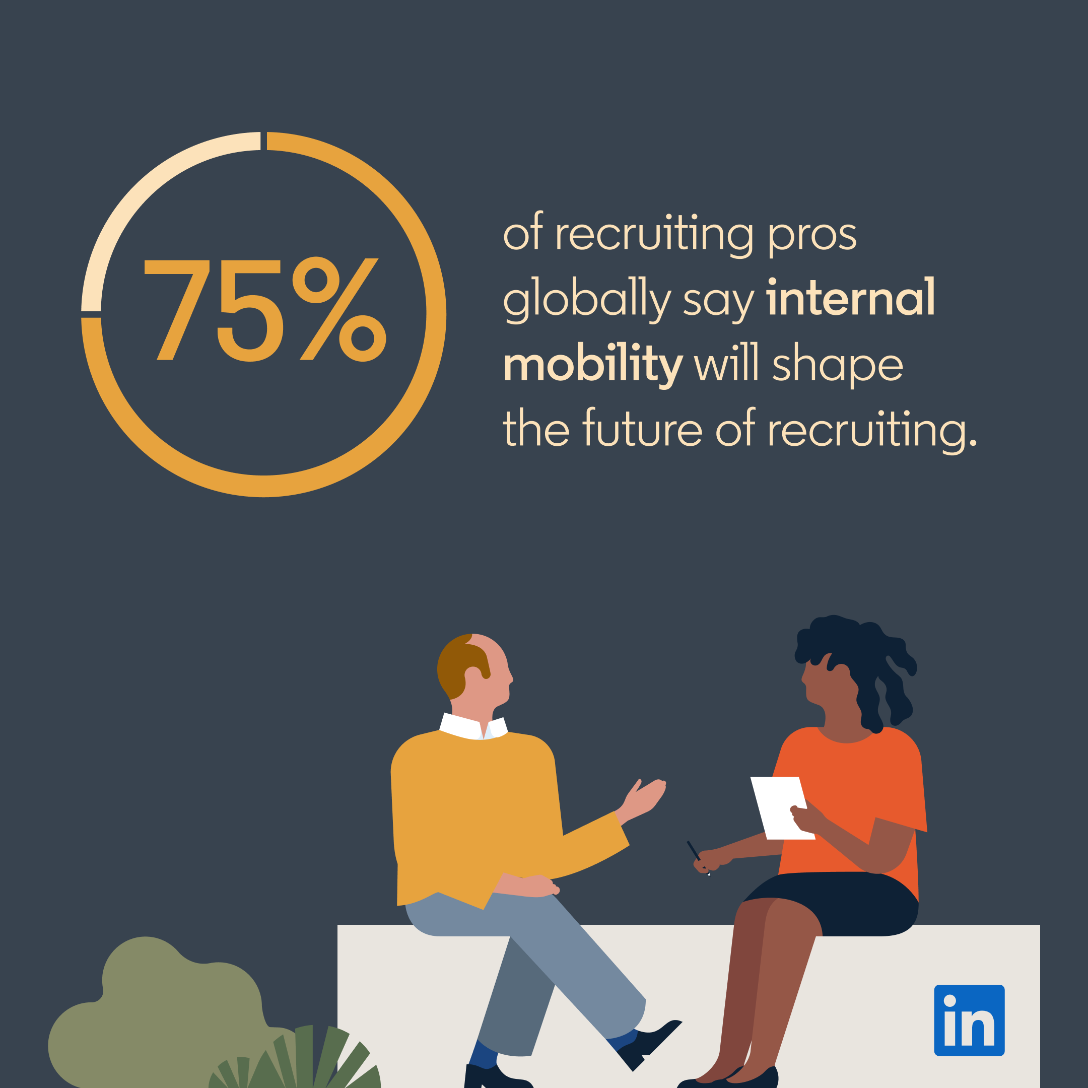 Illustration of two people sitting on a white ledge, one holding a tablet and the other gesturing, with a tree in the foreground. At the top left, a circular chart indicates 75% of recruiting professionals say internal mobility will influence recruiting's future. The LinkedIn logo appears at the bottom right.