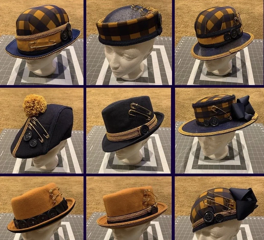 A collection of nine different hats displayed on mannequin heads, each featuring unique designs, colors, and embellishments.