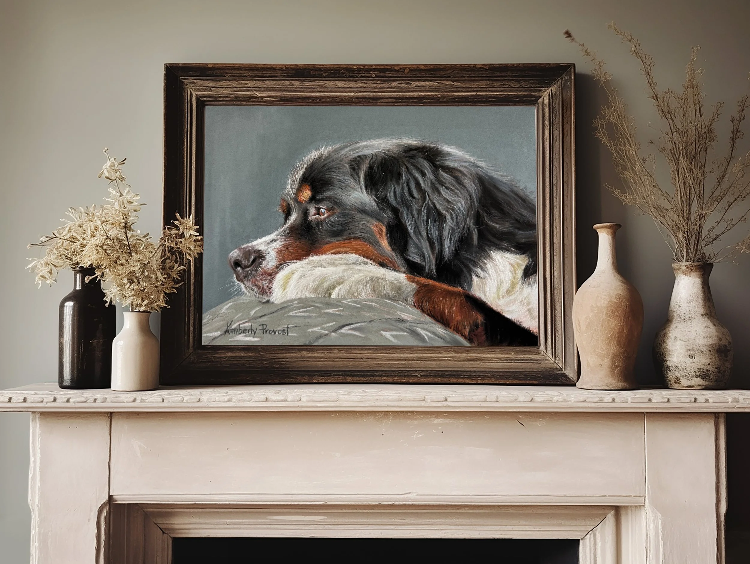 Bernese mountain dog pastel painting hanging over a fireplace