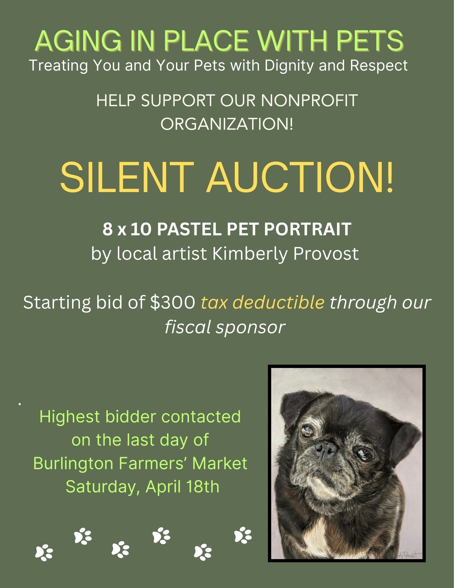 Please consider bidding or a tax deductible donation.  This is a wonderful non-profit helping elderly and disabled to keep their pets at home.  Our pets offer us so much joy and hope!