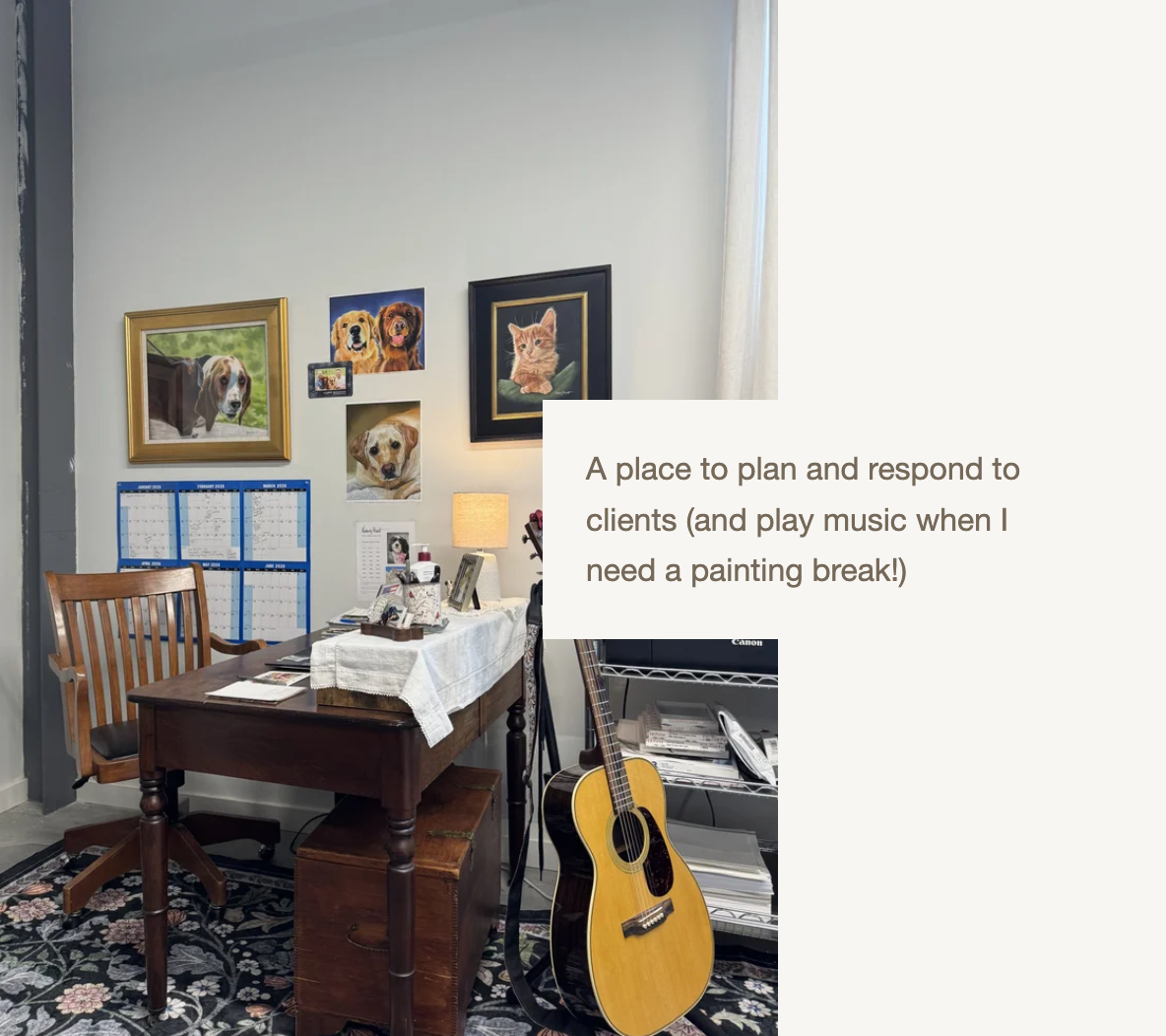 kims desk and chair with her paintings on the wall and a guitar laying against the desk