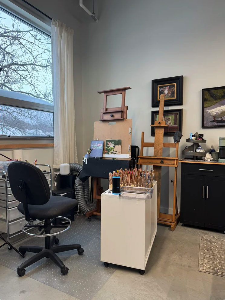 Kim's chair and easel which is by the window in her new office
