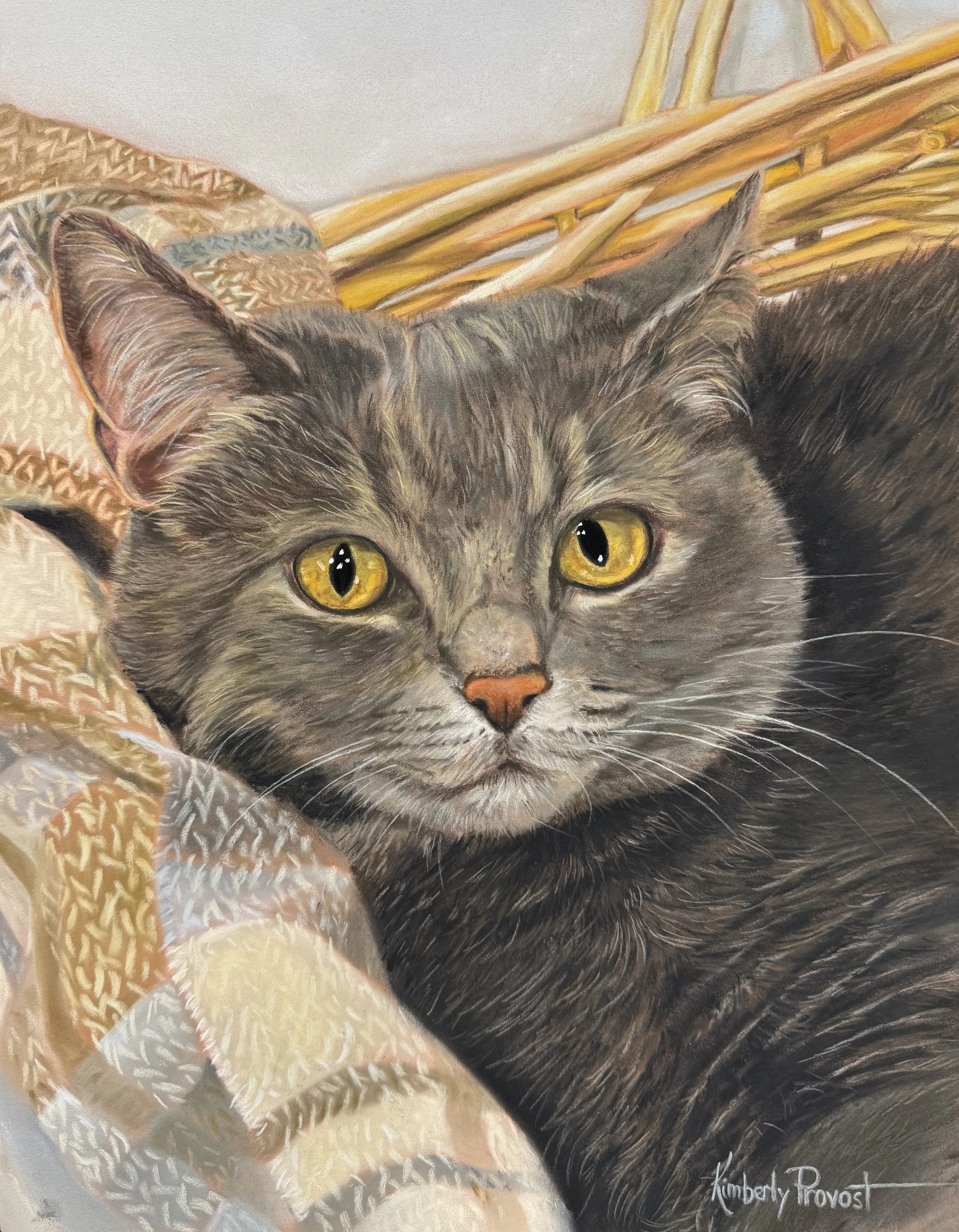 A realistic painting of a grey tabby with yellow eyes in a basket with textured blanket