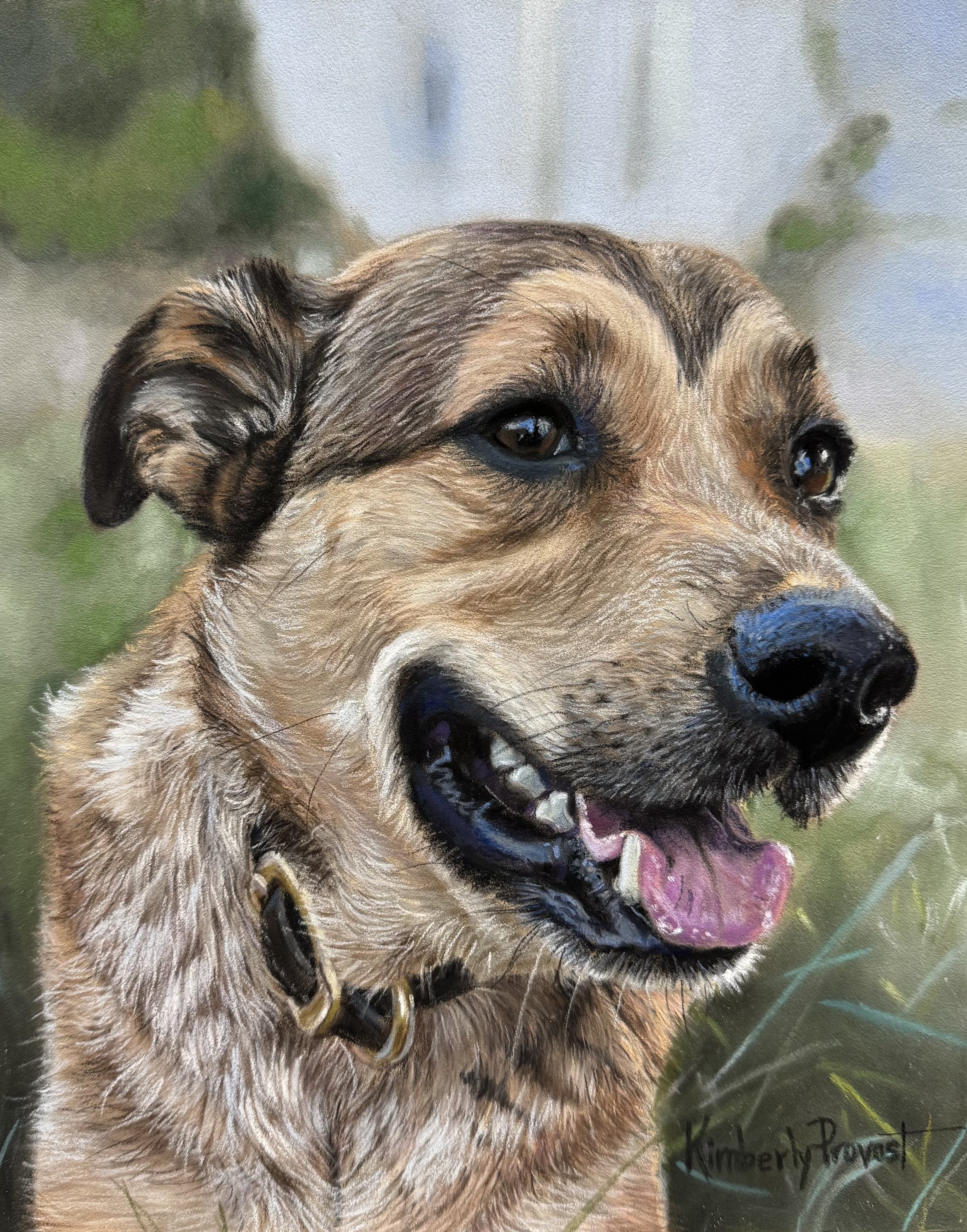 "Liberty" A detailed portrait of a mixed breed with brown, tan and black fur with a blurred landscape background