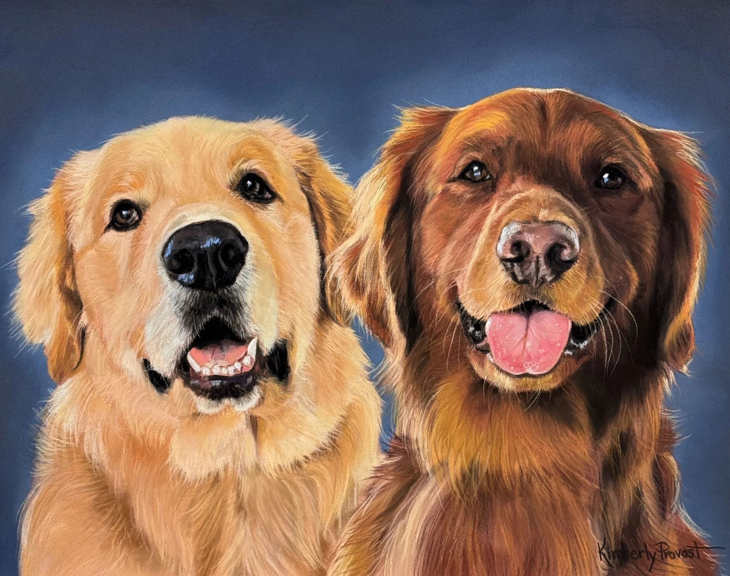 A painted portrait of two golden retriever dogs, one with a lighter golden coat and the other with a darker, reddish coat, both facing forward with their mouths open and tongues out, against a blue background.