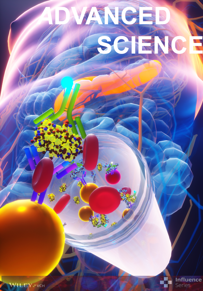 An illustration of advanced science concepts showing molecular structures, cells, and possibly a representation of an atom or a microscopic biological environment, with the words 'Advanced Science' at the top.