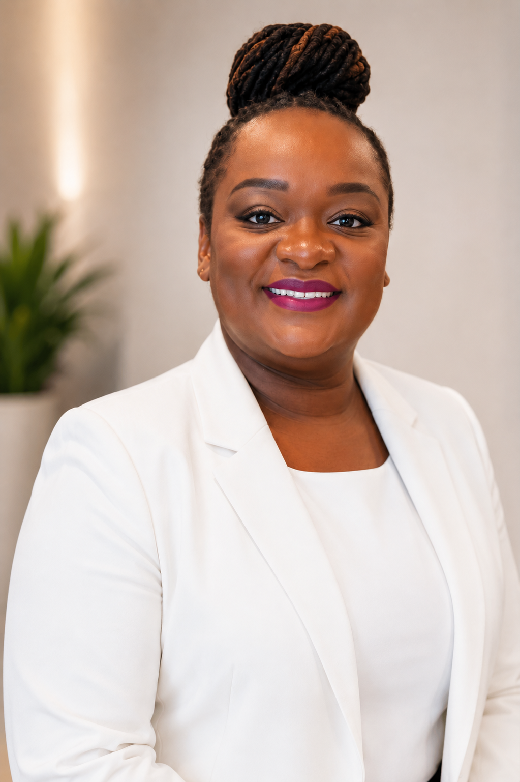 A woman with dark skin, styled brown dreadlocks, wearing a white blazer, smiling, with a blurred plant in the background.
