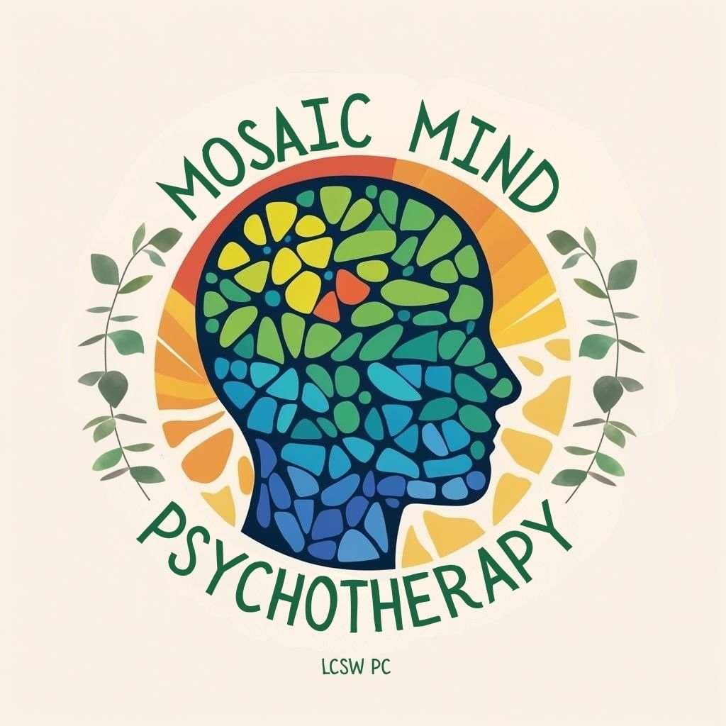 Illustration of a colorful mosaic head profile with green, yellow, blue, and orange pieces surrounded by green leaves, with the text "Mosaic Mind Psychotherapy" and "LCSW PC".