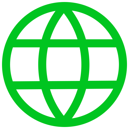 Green globe icon with grid lines representing the Earth or global connectivity.