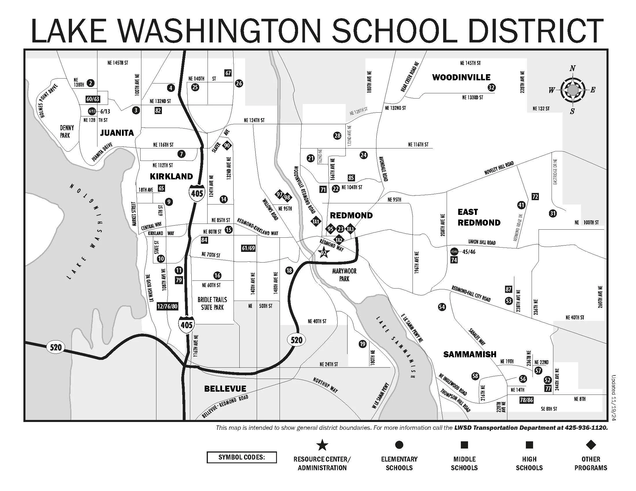 Map of Lake Washington School District showing district boundaries, schools, resource centers, and major roads.