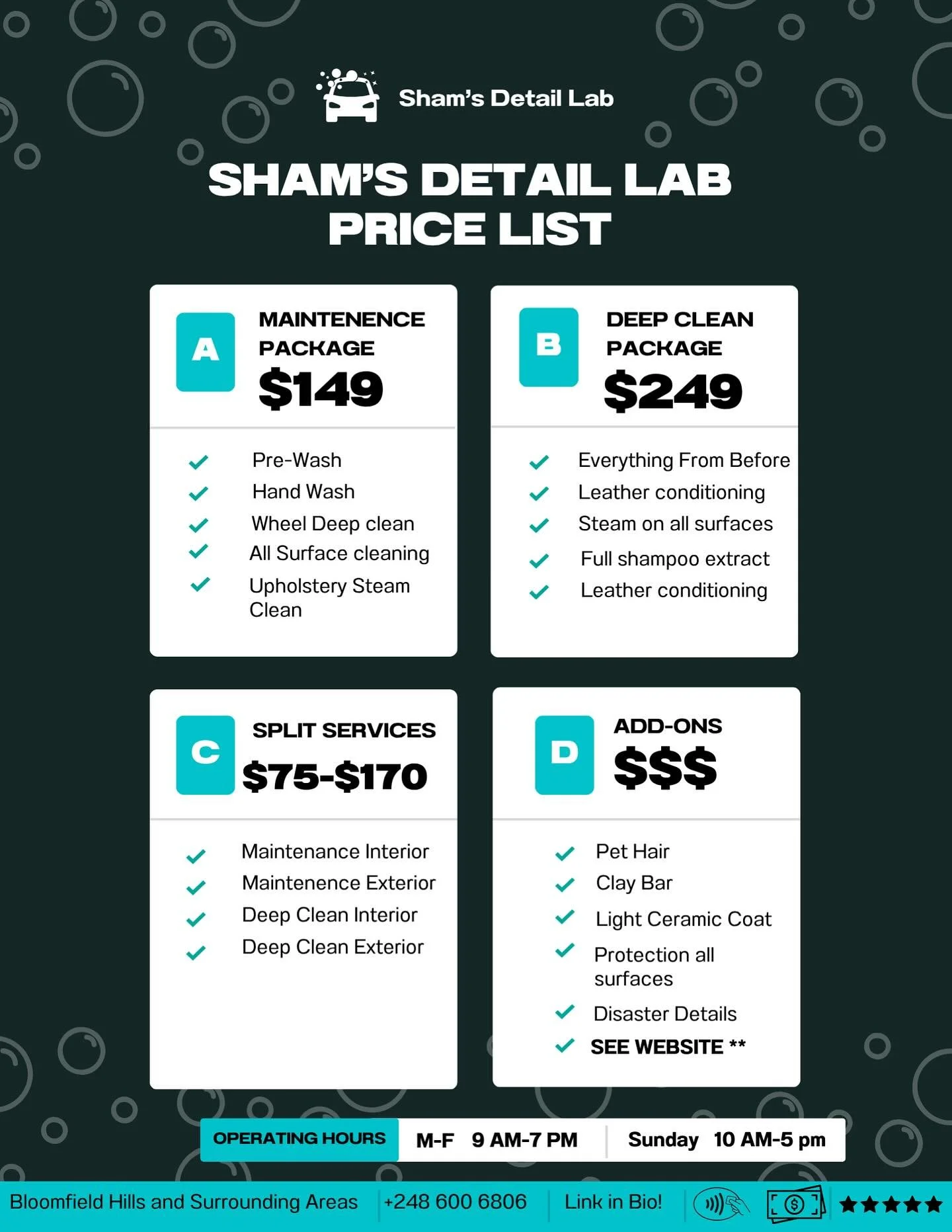 We’re excited to launch Sham’s Detailing Lab! With our professional grade tools and chemicals, we’ll refresh your vehicle! Book your detail with the link in bio!