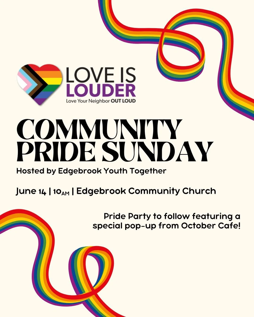 June is Pride month &amp; we are so excited to invite you to our 5th annual community Pride Sunday!! 

We will gather for a community celebration of God's unconditional love for all their beloved children! Our theme, Love is Louder, embodies the test