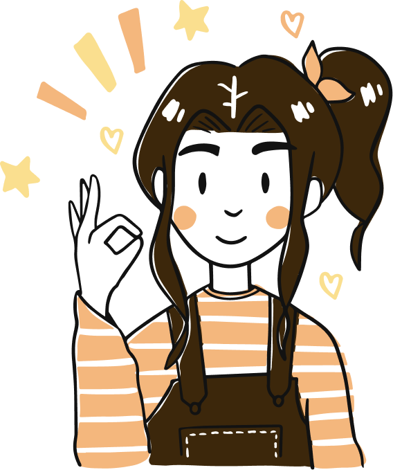 A cartoon girl with a ponytail and a bow, smiling, making an OK gesture with her hand, surrounded by stars and hearts.