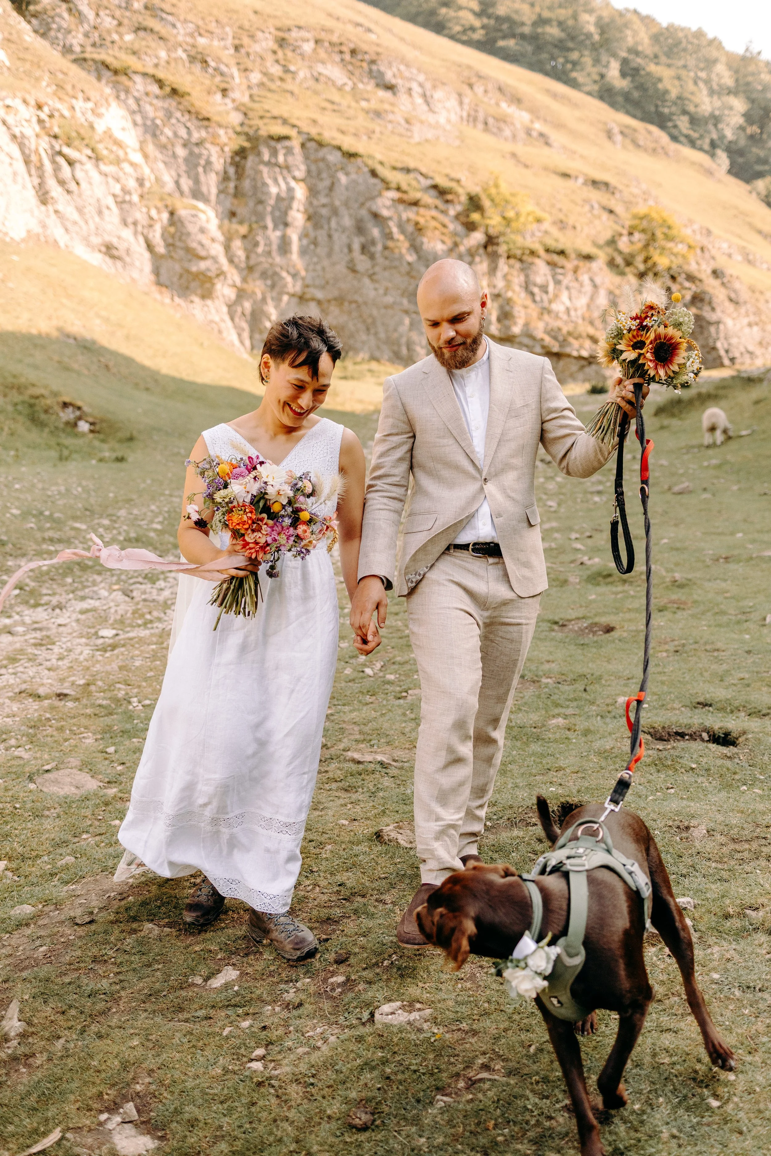 A couple dressed in wedding attire walking outdoors on grassy terrain with a mountain backdrop, holding hands, and each holding a bouquet of flowers. Their dog, wearing a harness and a flower collar, walks in front of them.