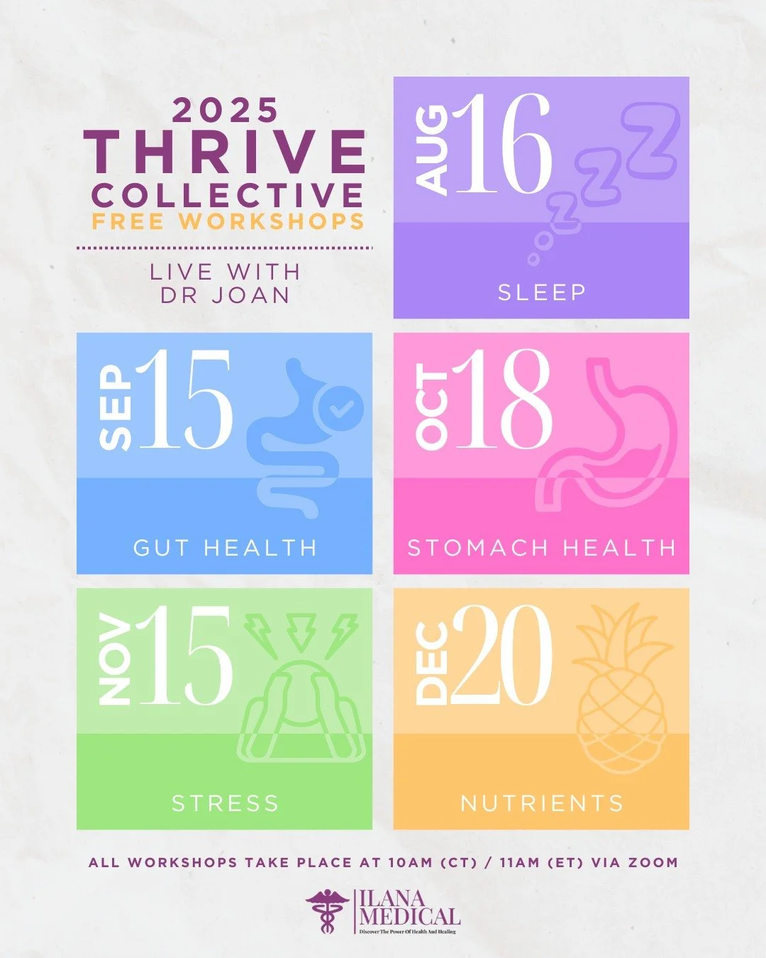 ✨ Your chance to get expert health guidance, live with Dr. Joan!

The Thrive Collective 2025 Free Workshop Series is here 💻💜

Each month we&rsquo;ll dive into a core topic that affects your everyday health, like gut issues, sleep struggles, stress 